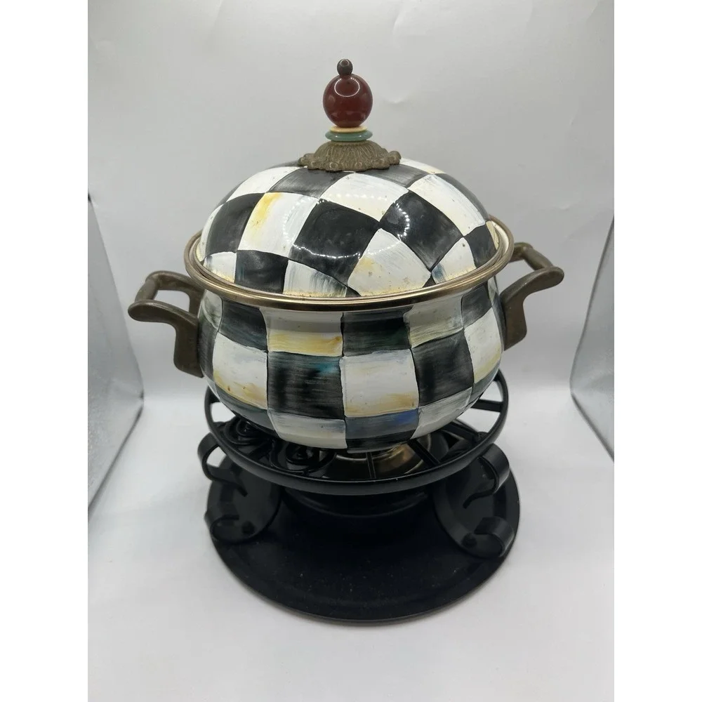 MacKenzie-Childs Courtly Check Ceramic Fondue Pot Set Lid & Stand